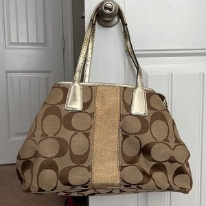 Used Coach Brown Signature Stripe Carry All Handbag